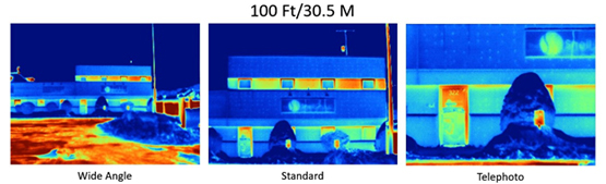 The images show an image of office space from the outside of a small commercial office building demonstrating the differences seen between a wide-angle, standard, and telephoto lens.
