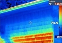 The thermal pattern is caused by shading from the soffit. 