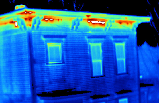 Airflow of building shown with thermal imaging.